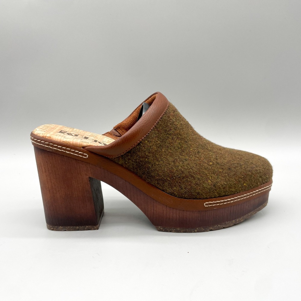 Korks Womens 7M Lori Clog Mule Wool Platform Brown Olive Green Heel Boho Rustic